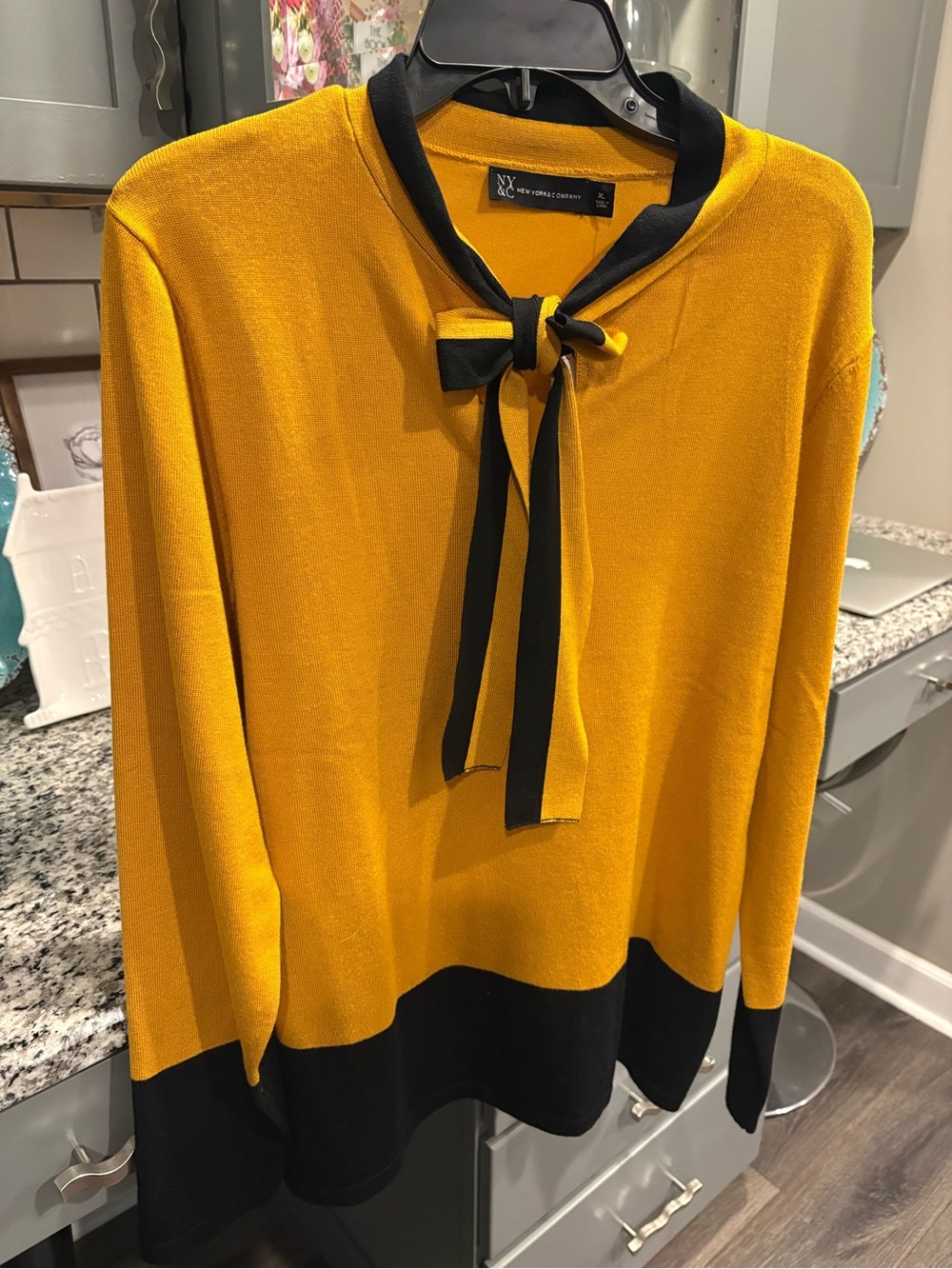 NY&CO Yellow Tie-Neck Sweater with Black Trim